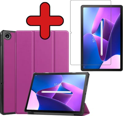 Hoesje - Geschikt voor Lenovo Tab M10 Plus (3e / 3rd Generatie) - Met Screenprotector - Hardcover Book Case - Trifold Bookcase Hoes - Hard Cover - Tablethoes - Paars