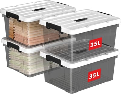 Famanu 35L x 4 opbergdozen, plastic opbergdoos met deksels, organiserende container met handvat en veilige vergrendelende gespen, stapelbaar, nestbaar, draagtas voor thuiskleding, 35L-4Pack, helder