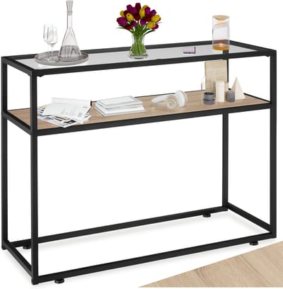tectake® Consoletafel met plank en glazen blad - Sidetable met 2 niveaus - Dressoir met glazen blad voor in woonkamer, hal, keuken - Industrieel design - Zwart metalen frame - Afmeting (LxBxH) 100 x 41 x 80,5 cm - Lichtbruin