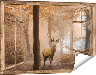 Gards Tuinposter Doorkijk Hert in het Bos - Herfst - 90x60 cm - Tuindoek - Tuindecoratie - Wanddecoratie buiten - Tuinschilderij