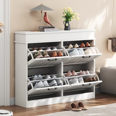 Moderne schoenenkast 105x24x83 cm - schoenenrek - halmeubel - 4 klapdeuren met 8 vakken - met zwarte handgrepen - wit