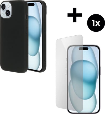Mobiparts Silicone Cover hoesje geschikt voor Apple iPhone 15 met 1 Screenprotector van Gehard Glas - Zwart