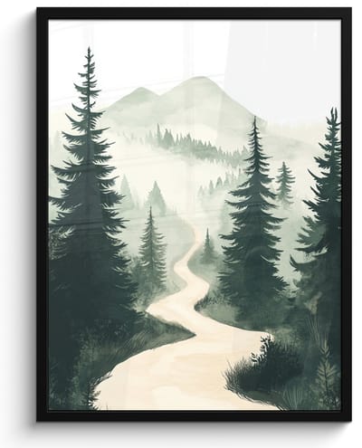 Poster in lijst - Fotolijst 50x70 cm - Posters - Pad - Bomen - Bos - Illustratie - Posterlijst zwart - Decoratie - Wanddecoratie woonkamer - Muurdecoratie slaapkamer