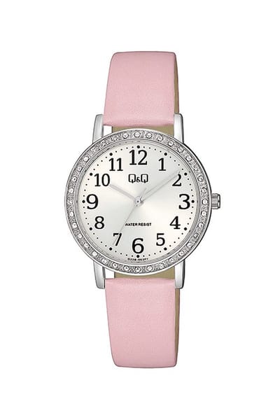 Q&Q Q32B-003PY - Horloge - Analoog - Vrouwen - Dames - Leren band - Rond - Metaal - Roze - Zilverkleurig - Sprankelend - 3 ATM