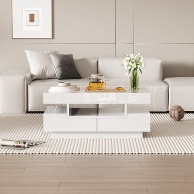 MODFU Hochglanz Couchtisch met LED Lichtstrip, 4 Lades en Ruim Opbergruimte