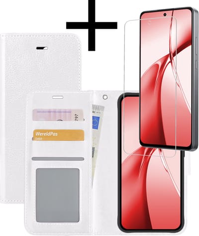 Hoesje - Met Screenprotector - Geschikt voor OnePlus Nord CE4 - Luxe Pasjeshouder - Bookcase Portemonee - Flip Case - Kunstleer Book Case - Flipcase - Book Cover - Walletcase - Portemonneehoes - Wit