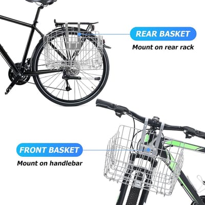 KZQ Fietsmand opvouwbaar - Universele voormand van fijnmazig staal met handvat en haken, stevig en gemakkelijk te monteren - Geschikt voor fiets, scooter, mountainbike en strandfiets - zilver