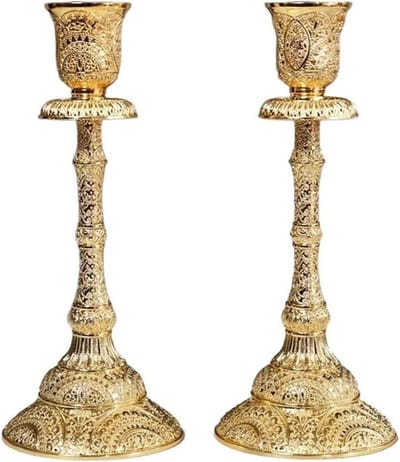 Kaarshouders Metaal - Kandelaar Ornament - Woondecoratie - Reliëf Patroon - 2-delig - Goud