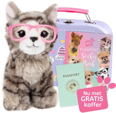 Studio Pets Set van Knuffel Britse Korthaar Kat Paige (16cm) met GRATIS koffer, paspoort en stickerboek