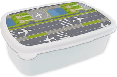 Broodtrommel Wit - Lunchbox - Brooddoos - Design - Vliegveld - Vliegtuig - 18x12x6 cm - Volwassenen