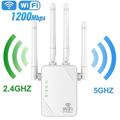 UFTA WiFi Versterker 1200Mbps - Wifi Repeater Dual Band 5GHz en 2.4GHz - Met 4 Antennes - Range Extender voor Heel Huis - Wit