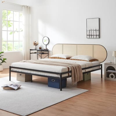 Metalen tweepersoonsbed 180x200 cm Zwart met Hoofdbord in Rotanlook | Stevig Bedframe met Lattenbodem
