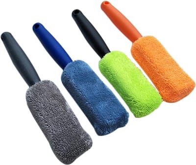 Velgenborstel - 4 Stuks - Autowielborstel - Bandenborstel - 27 cm - Autowielreinigingsborstel - Borstel - Banden poetsen - Verontreinigingen van uw banden verwijderen - Geschikt voor auto's en motoren - Grijs, groen, donkerblauw en oranje
