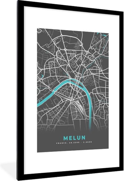 Fotolijst incl. Poster - Melun - Frankrijk - Plattegrond - Stadskaart - Kaart - 80x120 cm - Posterlijst
