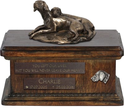 Weimaraner urn met standbeeld - gepersonaliseerde houten urn voor hondenas