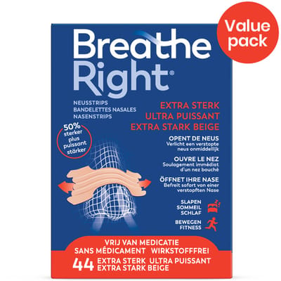 Breathe Right Neusstrips Extra Sterk Voordeelverpakking – Normale Huid - Beige 44 stuks – One Size – Tegen Snurken & Verstopte Neus – 50% Sterkere Werking – Langdurig Gebruik & Beste Prijs per Strip
