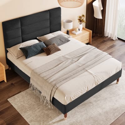 DESMIU Gestoffeerd Bed 140x200cm - Tweepersoonsbed Met Hoofdbord En Lattenbodem - Opbergruimte Onder Bed - Voor Volwassenen En Jongeren - Zwart - Zonder Matras