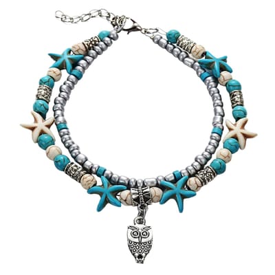Fako Bijoux® - Enkelbandje - Enkelsieraad - Boho Zeester, Kralen & Uiltje - Turquoise