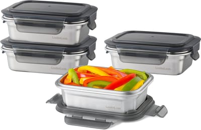 Lock&Lock RVS Vershoudbakjes met deksel - RVS bakjes - Bewaarbakjes - Diepvriesbakjes - Meal prep bakjes - Vershouddoos - RVS Snackbox - Snackdoosjes - Roestvrijstaal - Lekvrij - BPA vrij - PFAS vrij - Set van 4 stuks - 400 ml