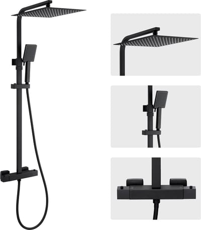 Auralum max Regendouche met Thermostaatkraan - Regendouche Ø 30 cm - Handdouche Ø 8.5 cm - Waterbesparend - Mat zwart