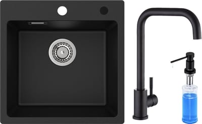CECIPA max Spoelbakken 45x45cm - Grantien Spoelbakken met 360° draaibare keukenkraan en Zeepdispenser 300ML Zwart - Spoelbakken met Afdruip - Enkele spoelbak - Wasbak met waterafvoersysteem