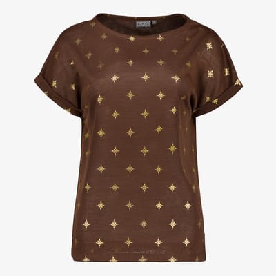 TwoDay dames top met goudkleurige print bruin - Maat S