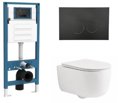QeramiQ Dely Swirl Toiletset - inbouwreservoir Qeramiq Flush - slim zitting - kunststof mat zwarte bedieningsplaat - ronde knoppen - mat wit