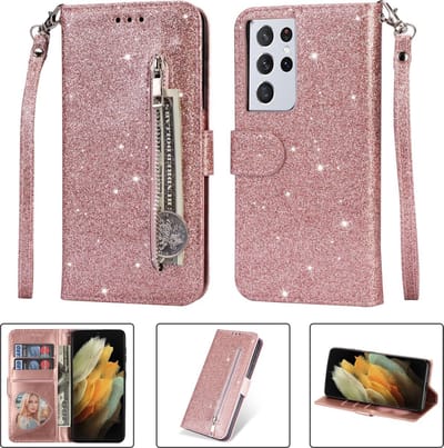 Portemonnee Hoesje - Wallet Case - Rits Sparkly Glitter - Telefoonhoes met Kord Geschikt voor: Samsung Galaxy S20 Ultra - Rosegoud