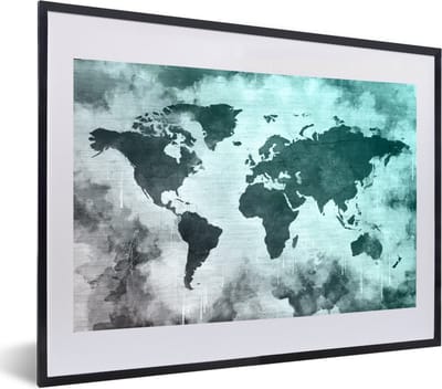 Poster in lijst - Fotolijst 60x40 cm - Posters - Wereldkaart - Grijs - Blauw - Posterlijst zwart - Decoratie - Wanddecoratie woonkamer - Muurdecoratie slaapkamer