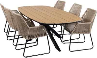 7-delige tuinset | 6 Mona tuinstoelen (Sand) | Tuintafel Cadiz 240x115cm (Black)