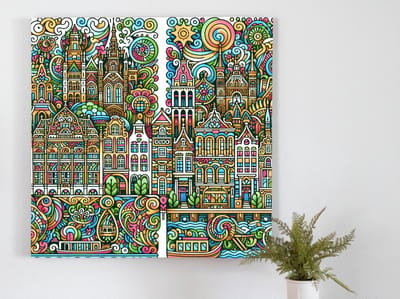 Doodle groningen schilderij | Krioelende lijnen en kleuren brengen het hart van Groningen tot leven | Kunst - 100x100 centimeter op Canvas | Foto op Canvas
