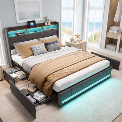 Gestoffeerd Bed 140x200 cm met LED en USB,Tweepersoonsbed met 4 laden en Lattenbodem,Opbergbed bedframe met Opbergruimte en Hoofdbord,grijs linnen, Zonder Matras