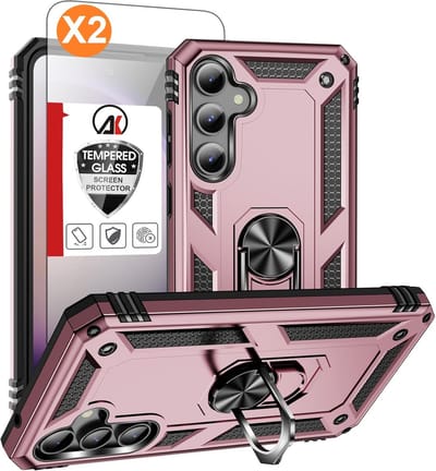 Hoesje Geschikt Voor Samsung Galaxy S23 FE Hoesje Anti-Shock Hybrid Armor hoesje met ring houer Rose Goud - Met Screenprotector - 2 pack