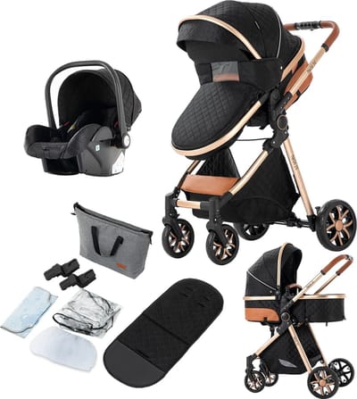 Luxe 3-in-1 Kinderwagen - Wandelwagen - Autostoeltje - Buggy - Reiswieg - Inklapbaar - 0-36 Maanden - Inclusief Tas - BlackGold