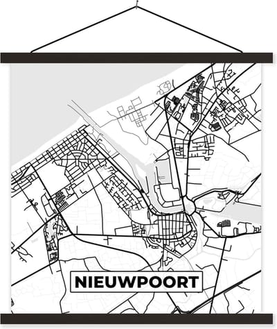 Posterhanger incl. Poster 60x60 cm - Schoolplaat - Stadskaart – Zwart Wit - Kaart – Nieuwpoort – België – Plattegrond - Textielposter - Zwarte latten - Stadskaart