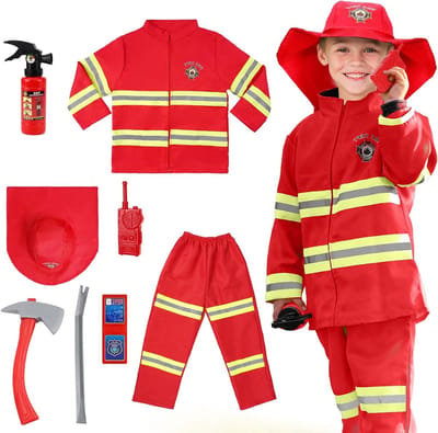 Kinderen Brandweerman Kostuum met Accessoires Set voor Educatieve Rollenspellen en Kerstfeest