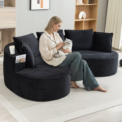 L-Bank, 3-Zitsbank, Zachte, Ademende Corduroy Bank met Bekerhouder en Opbergvak, Hoogwaardig Schuim voor Comfortabel Zitten, Inclusief Kussens – Samengeperst en Klaar voor Gebruik, Perfect voor Elke Woonkamer-Zwart