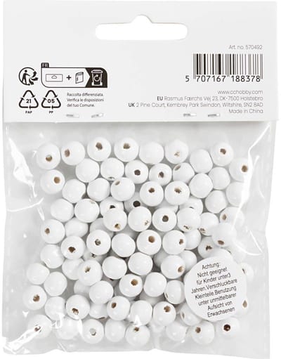 Houten Kralen, d 8 mm, gatgrootte 2 mm, ca. 80 stuk, wit, 15 gr/ 1 doos