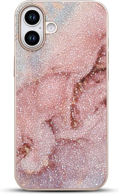 Casemania Hoesje Geschikt voor Apple iPhone 16 - Roze - Diamant Marmer Glitter Back Cover