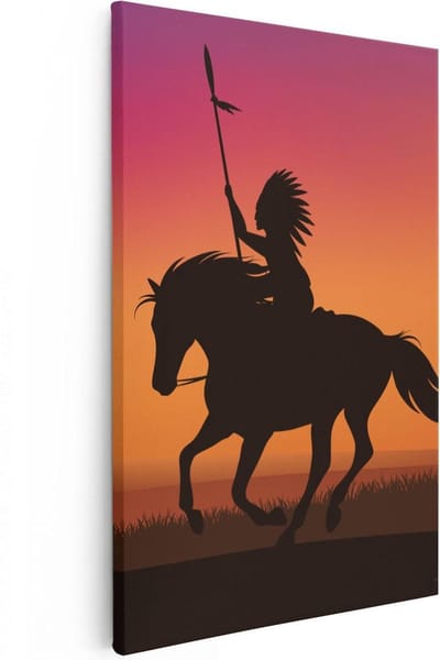 Artaza Canvas Schilderij Paarden Zonsondergang - 20x30 cm - Klein - Muurdecoratie Indiaan - Wanddecoratie Silhouet - Kamer Accessoires Woonkamer