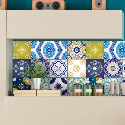 Zelfklevende tegelmuurstickers voor keuken en badkamer - 16 vintage, verfijnde Azulejo tegelstickers - 16 stickers van 15x15 cm