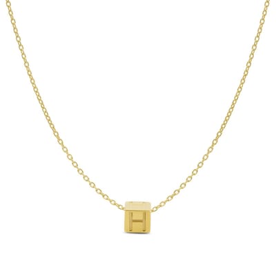 New Bling 9NBG-909H Gouden Letterhanger met Ketting - Letter H - Kubus - 4x4x4mm - Ankerschakel - 0,9 mm Breed - Lengte 38+4+3cm - 14 Karaat - Geelgoud