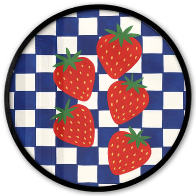 Poster in lijst Rond - Fotolijst 40x40 cm - Posters - Geblokt - Blauw - Aardbeien - Ronde posterlijst zwart - Decoratie - Wanddecoratie woonkamer - Muurdecoratie slaapkamer