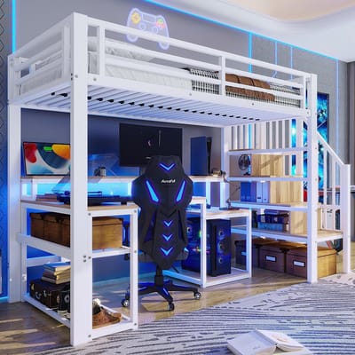 Komhtom Hoogslaper, 90 x 200 cm, stalen frame, opbergruimte, trap met opbergruimte, veiligheidshek, met LED-lichtstrip, bureau, met USB-poort, zonder matras, wit