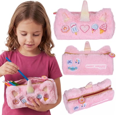 Sweet Dreams Eenhoorn, pluche etui voor meisjes, rond, etui voor schoolspullen 20x8x8cm