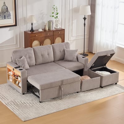 Multifunctionele Corduroy Bank met Opbergruimte en een Uitschuifbaar Bed, Slaapbank, Logeerbank, 3-Zits Bank, Inclusief USB-C-poort, Sfeerverlichting, Bekerhouders, Brede Armleuningen, Modern Design voor Woonkamer en Logeerkamer-Lichtgrijs