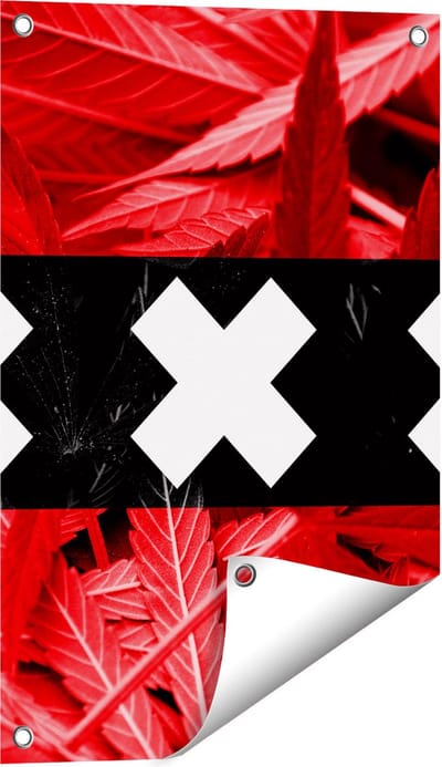 Gards Tuinposter Amsterdamse Vlag met Cannabis Achtergrond - 40x60 cm - Tuindoek - Tuindecoratie - Wanddecoratie buiten - Tuinschilderij