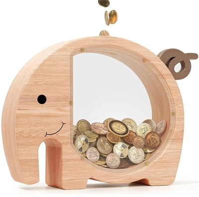 Grote Houten Olifant Spaarpot - Handgemaakt met Transparant Venster - 25x21cm - Decoratief & Duurzaam - Houtkleur