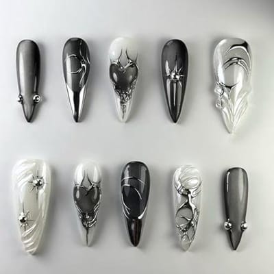 Zwarte Acrylnagels Zomer Tijdperk 2000, Amandelvormig, Sterren Decoratie - Set van 24 Stuks