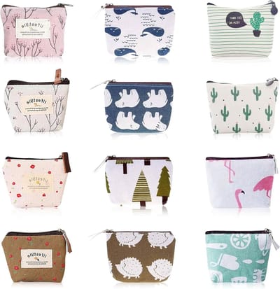 Compacte Canvas Portemonnee Set van 12 Stuks, Handige Zipper Tas voor Muntjes, Kaarten en Sleutels, Ideaal voor Dames
